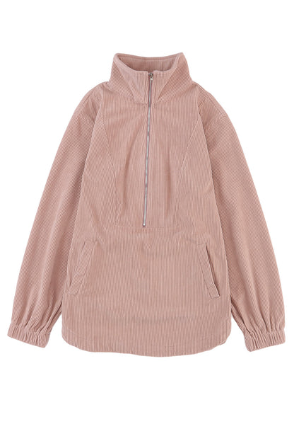 Apricot Ribbed Texture Half Zip Collared Sweatshirt