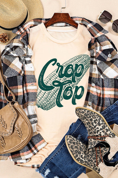 Khakifarbenes Crop-Top mit Mais-Grafik