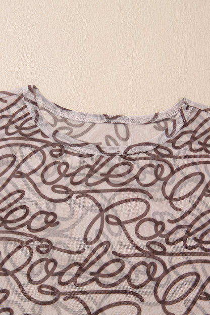 Braunes, schmal geschnittenes T-Shirt aus Netzstoff mit Rundhalsausschnitt und Rodeo-Print