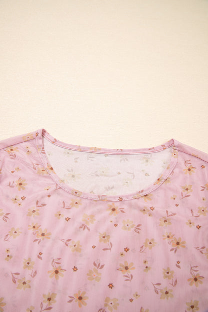 Pink Vintage Floral Print Southern Style Mesh Long Sleeve Top