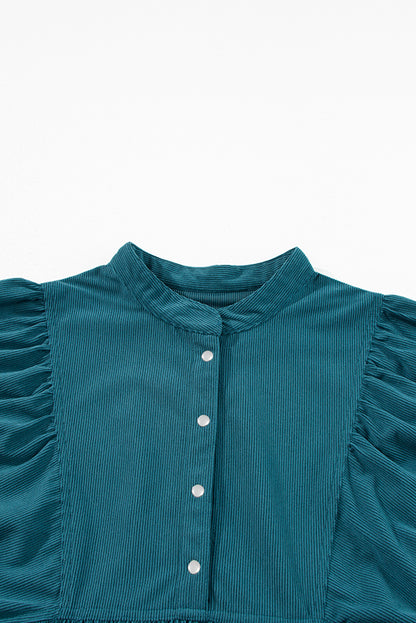 Blaues Cordkleid mit Druckknöpfen und Empire-Taille und Armbandärmeln