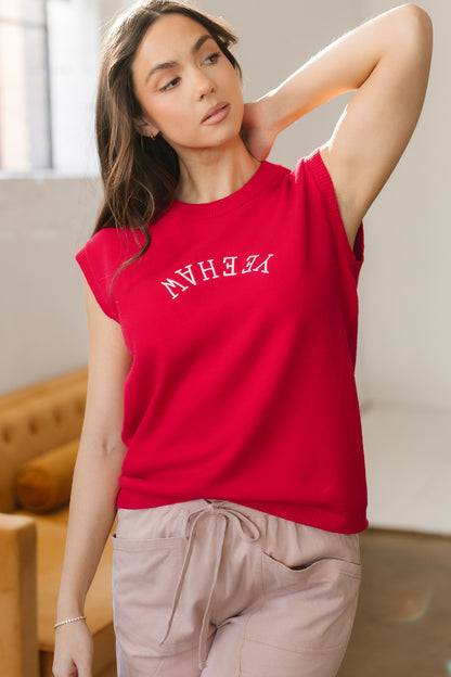 Fiery Red YEEHAW Embroidered Letter Loose Short Sleeve Sweater