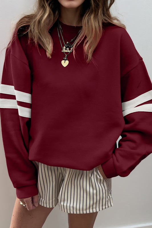Red Dahlia Varsity Striped Detail Drop Shoulder Oversized Sweatshirt