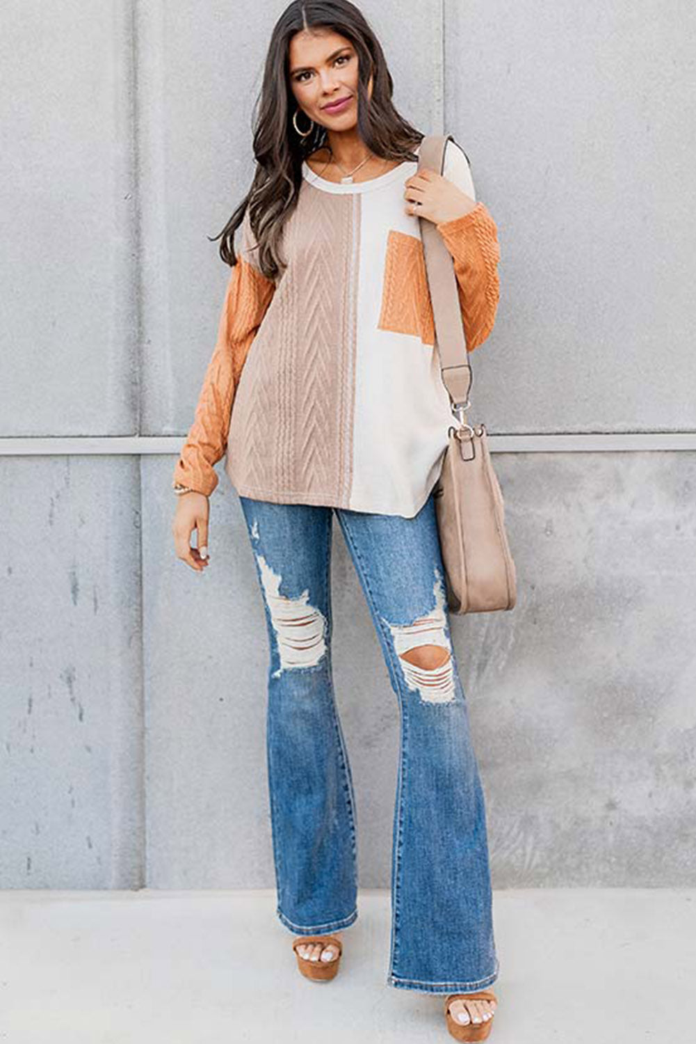 Oranges, langärmliges, strukturiertes Strickoberteil mit Colorblock-Brusttasche