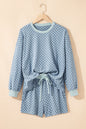 Sky Blue Checkerboard Long Sleeve Pullover and Shorts Set