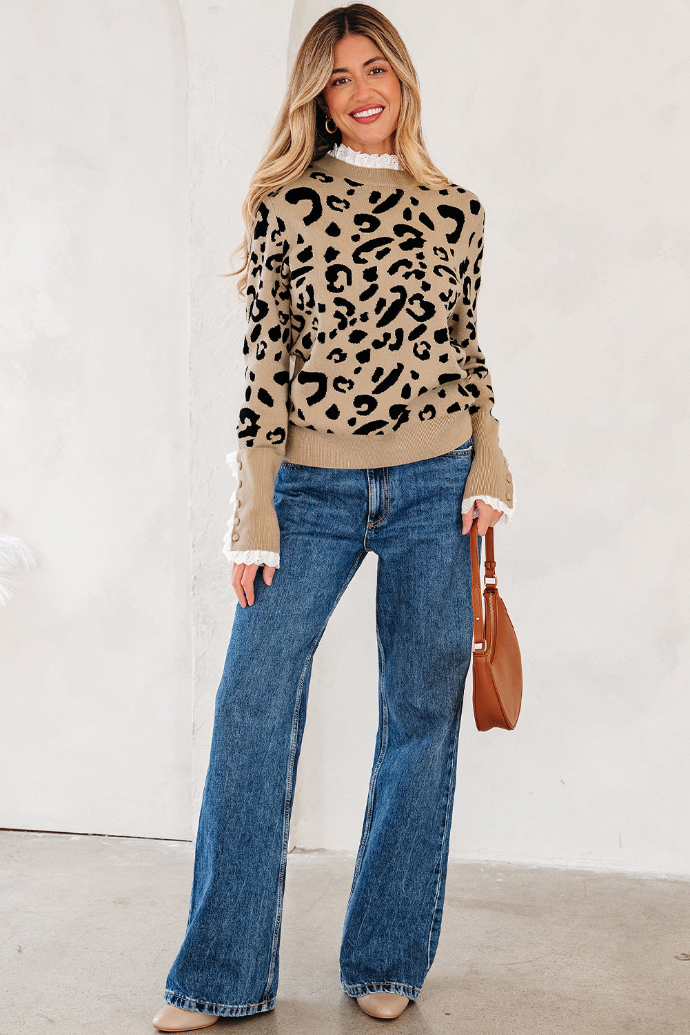 Brown Leopard Pattern Lace Ribbed Detail Button Cuffed Sweater