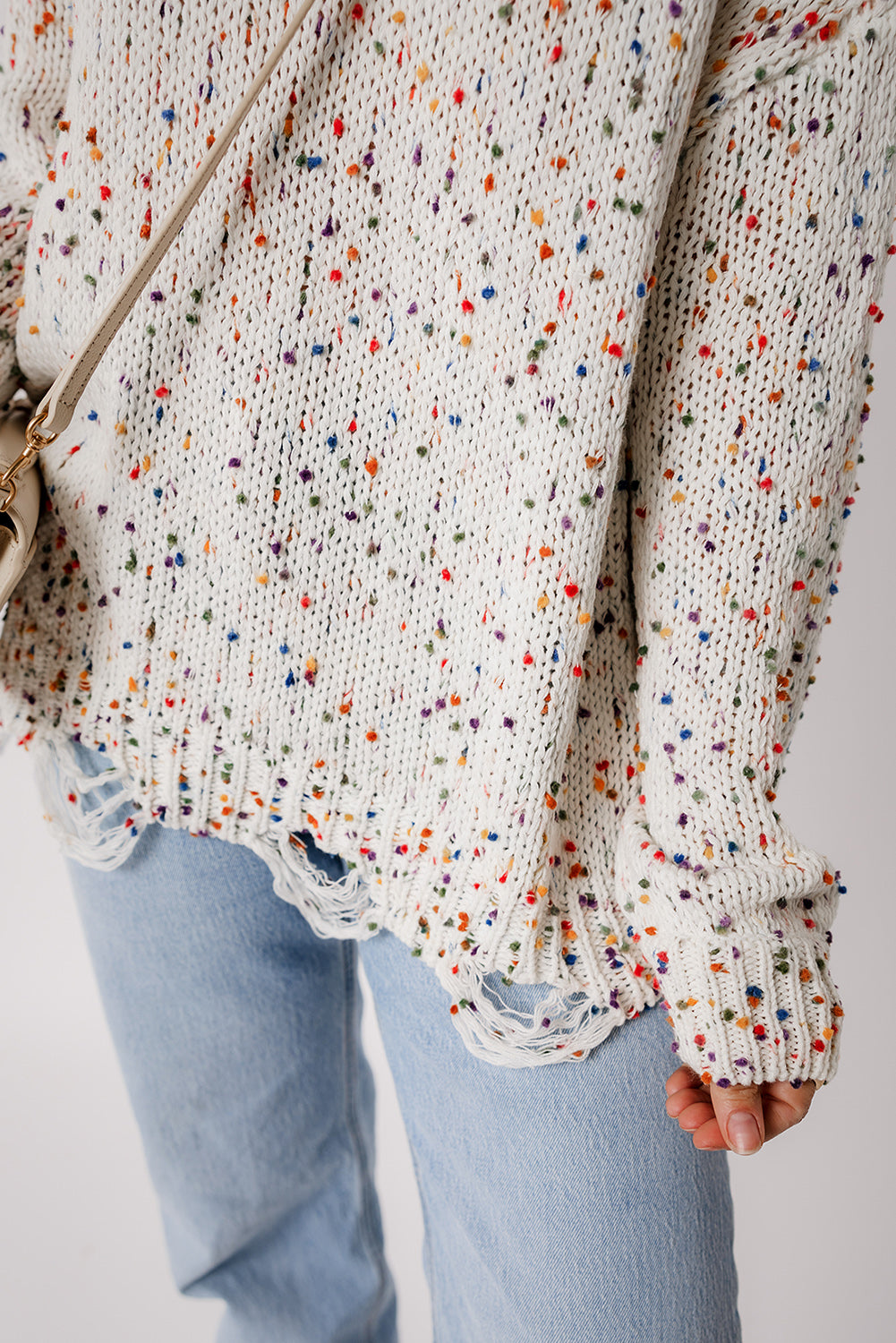 White Colorful Popcorn Knit Distressed Tunic Sweater