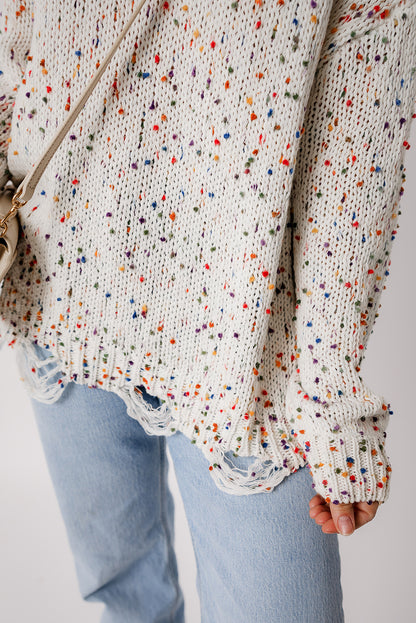 White Colorful Popcorn Knit Distressed Tunic Sweater