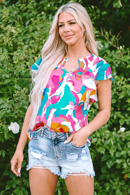 Mehrfarbige Bluse mit abstraktem Print, gekerbtem Ausschnitt und flatternden Ärmeln