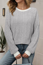 Gray Ribbed Contrast Cuffed Round Neck Long Sleeve T Shirt