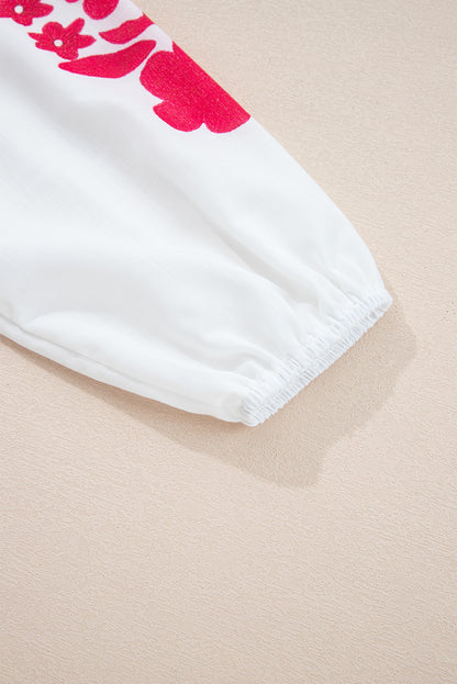 White Floral Embroidered Puff Long Sleeve Casual Shirt