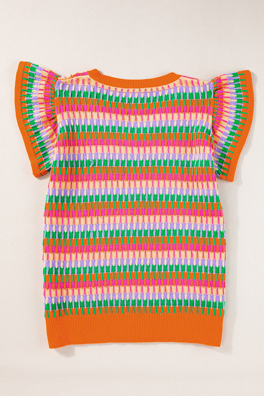 Orangefarbenes, mehrfarbiges Strickpullover-Oberteil mit Flatterärmeln