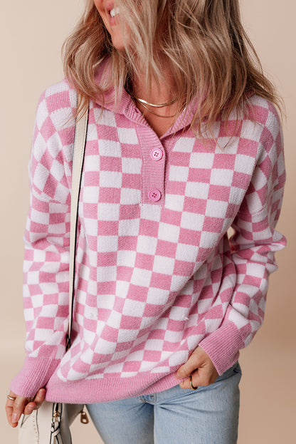 Rosa karierter Pullover mit Knöpfen, Kragen, V-Ausschnitt und überschnittenen Schultern