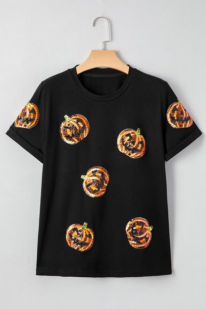 Schwarzes Pailletten-Kürbisgesicht-Halloween-T-Shirt