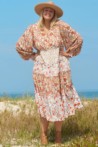 Khakifarbenes Maxikleid mit Blumenmuster und Rüschen in Übergröße