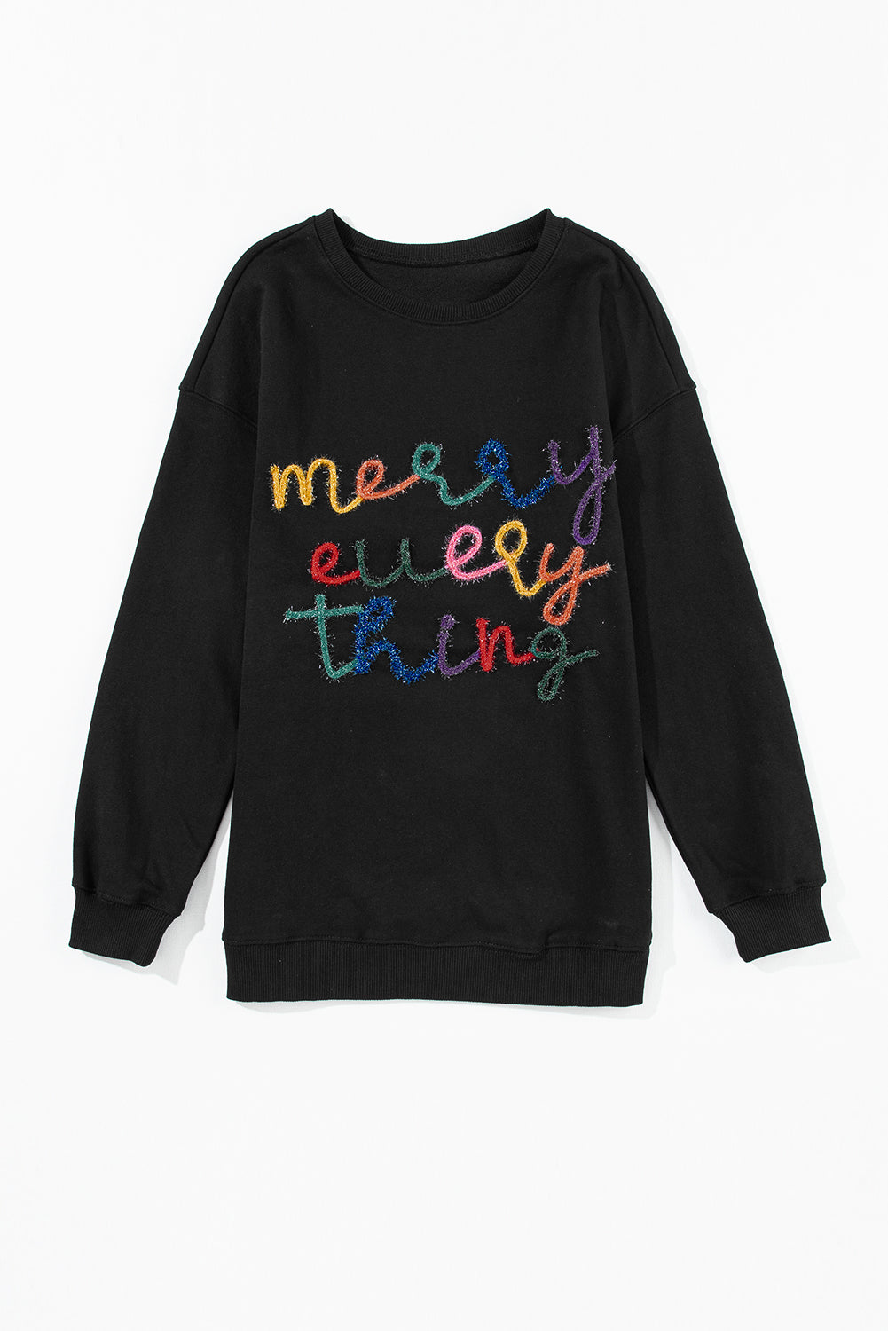 Schwarzes Sweatshirt mit „Merry Every Thing“-Lametta-Slogan