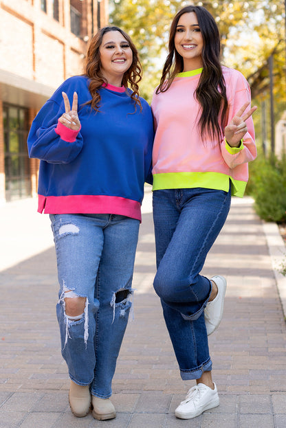 Rosa Sweatshirt mit Farbblock-Muster und Puffärmeln