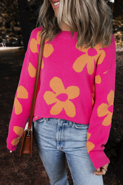 Langarmpullover mit Stehkragen und großem Blumenmuster in Rose