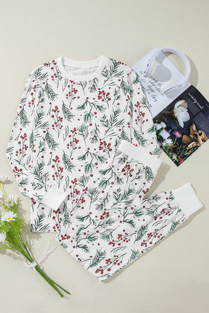 Weißes Thermo-Lounge-Set mit Pullover und Hose im Stechpalmen-Print