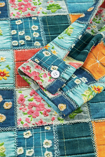 Sky Blue Floral Collared V Neck Roll up Sleeve Shift Blouse