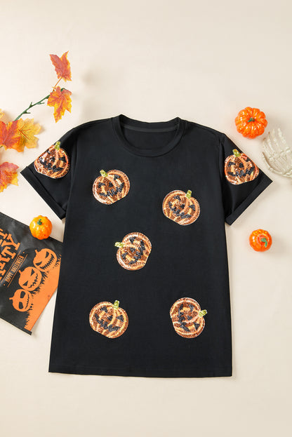 Schwarzes Pailletten-Kürbisgesicht-Halloween-T-Shirt