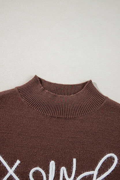 Kaffeefarbener Westernpullover mit Howdy Boot-Grafik und hohem Kragen