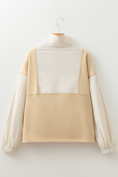 Smoke Gray Quarter Zip Striped Patchwork Drop Shoulder Loose Long Sleeve Top