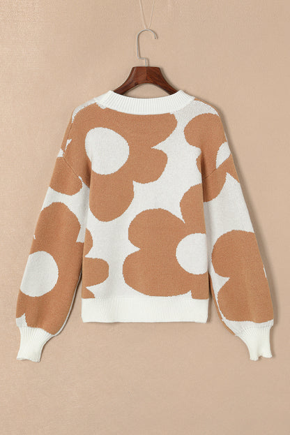 Khakifarbener Pullover mit überschnittener Schulter und großem Blumenmuster