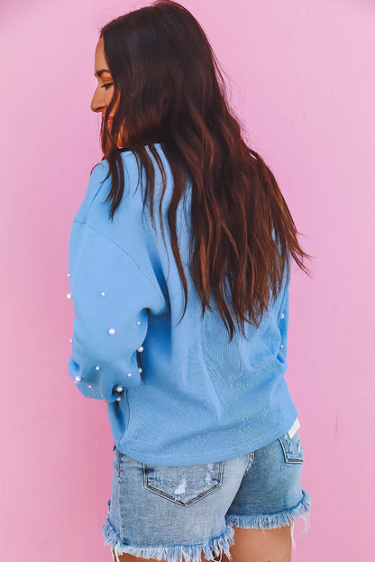 Myosotis Pullover mit Perlenärmeln, überschnittener Schulter und Rundhalsausschnitt