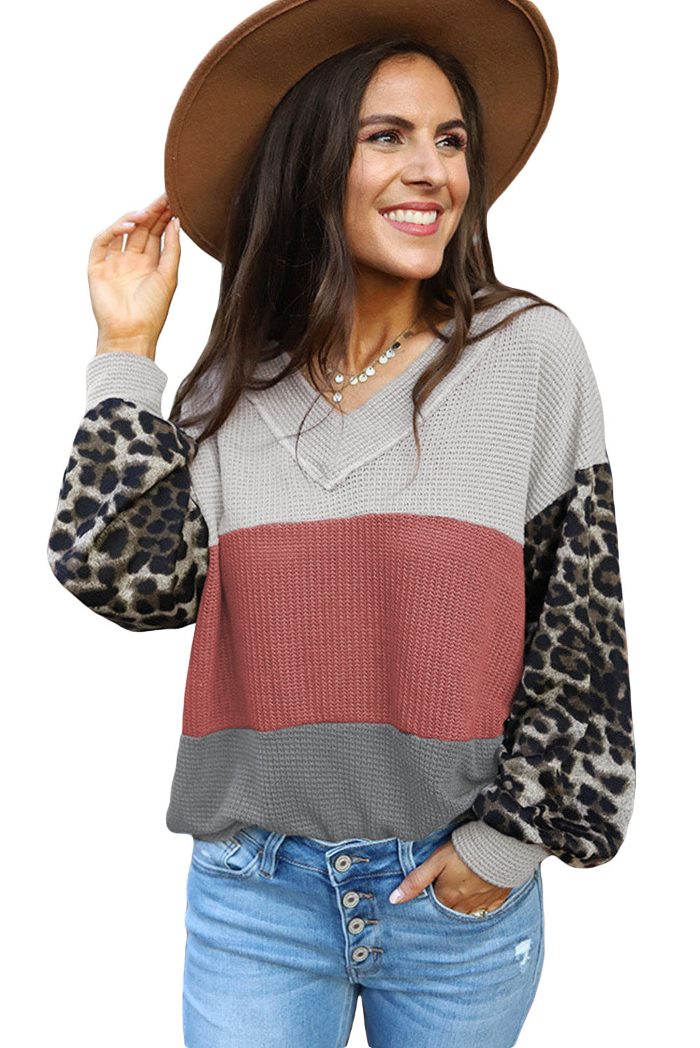Feuerrotes, wildes Leoparden-Colorblock-Waffelstrick-Oberteil mit kontrastierenden Ärmeln
