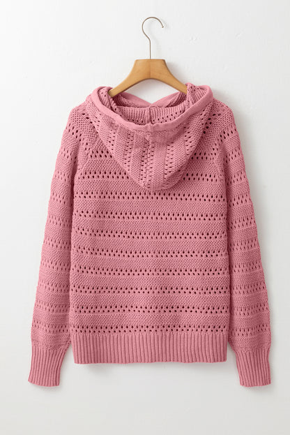 Pfirsichblüten-Pointelle-Strickpullover mit Raglanärmeln und Kapuze
