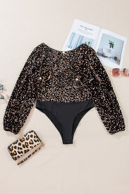 Schwarzer Bodysuit mit tiefem V-Ausschnitt und Pailletten und Puffärmeln