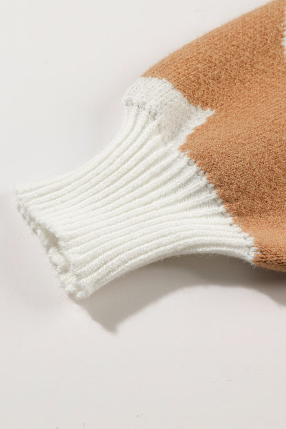 Khakifarbener Pullover mit überschnittener Schulter und großem Blumenmuster
