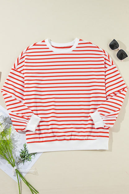 Orange gestreiftes, lockeres Sweatshirt mit überschnittener Schulter und Rundhalsausschnitt