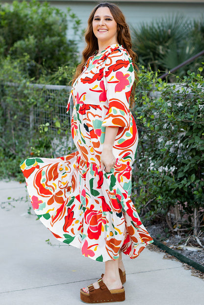 Oranges Kleid mit Blumenmuster und Kordelzug und V-Ausschnitt in Übergröße