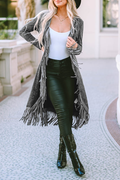 Schwarzer offener Cardigan mit Fransensaum und Taschen