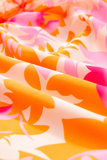 Oranges Minikleid mit abstraktem Print und gesmokten Laternenärmeln und Rüschen