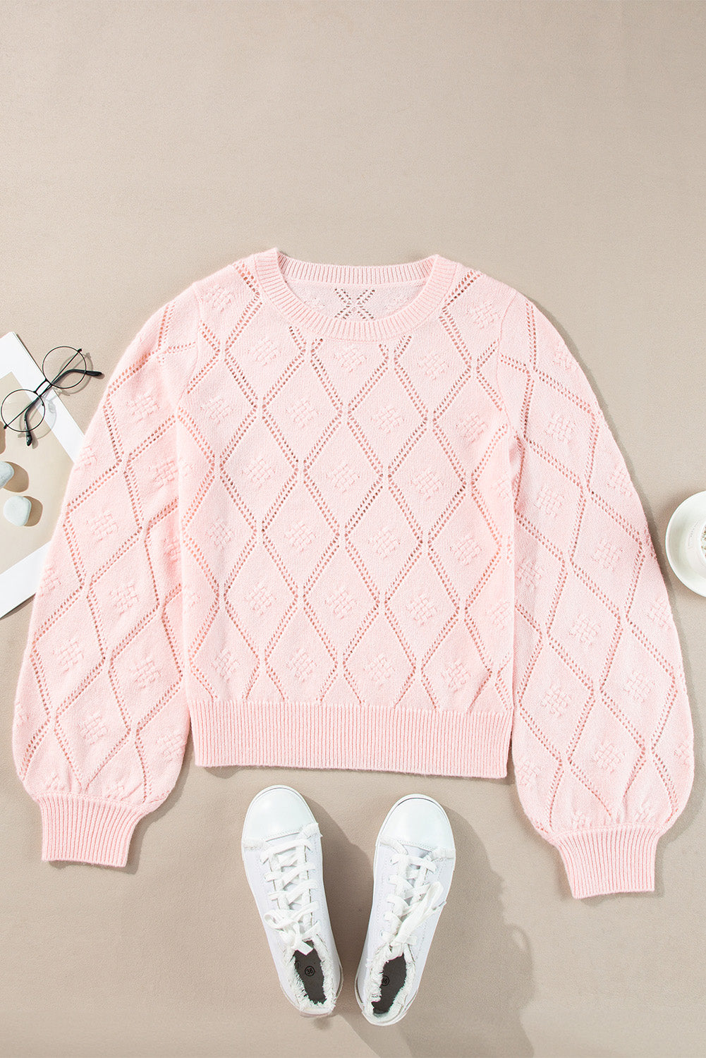 Kurzer Pullover mit durchbrochenem Karomuster und Puffärmeln in zartem Rosa