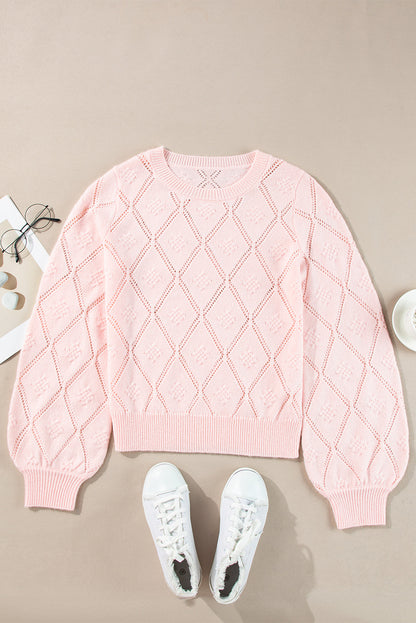 Kurzer Pullover mit durchbrochenem Karomuster und Puffärmeln in zartem Rosa