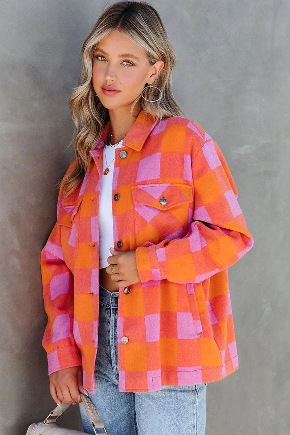 Orange karierte Jacke mit Brusttaschen und Umlegekragen