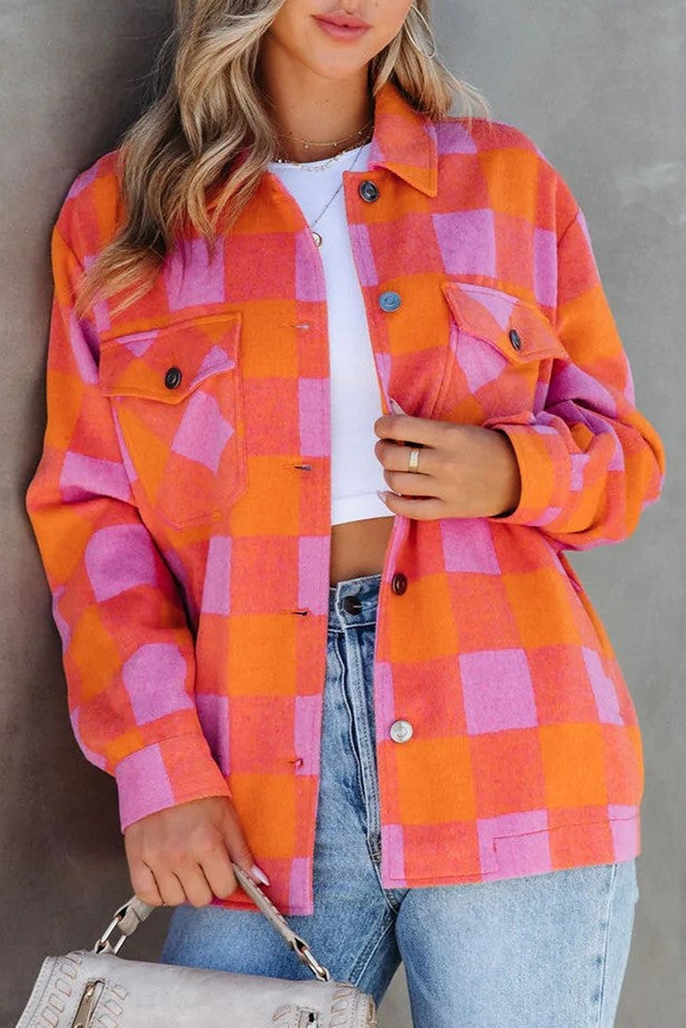 Orange karierte Jacke mit Brusttaschen und Umlegekragen