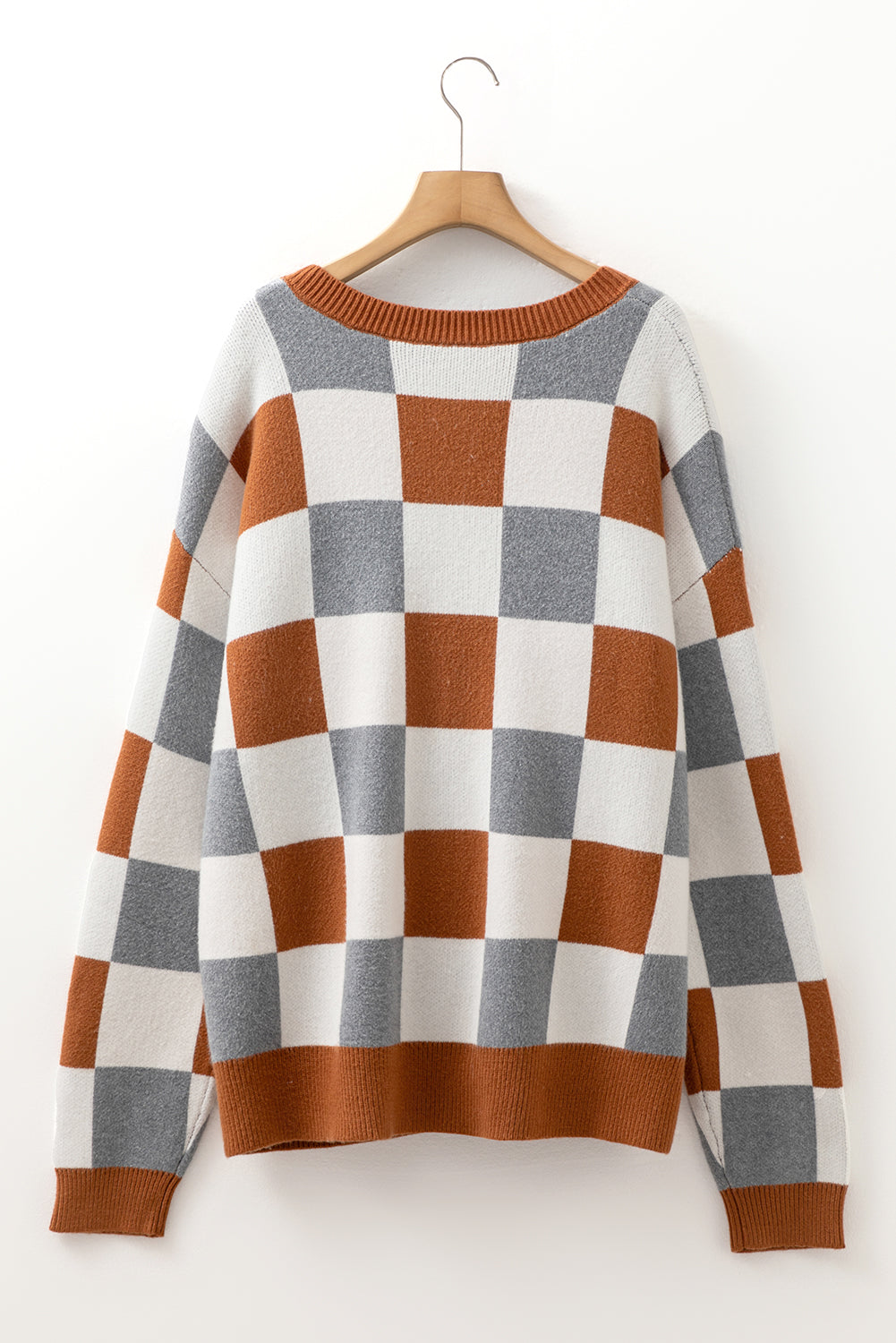 Brown Plus Size Checkered Crewneck Sweater