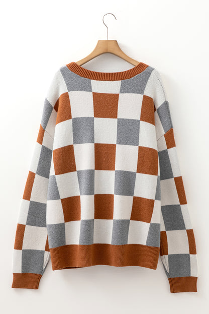 Brown Plus Size Checkered Crewneck Sweater