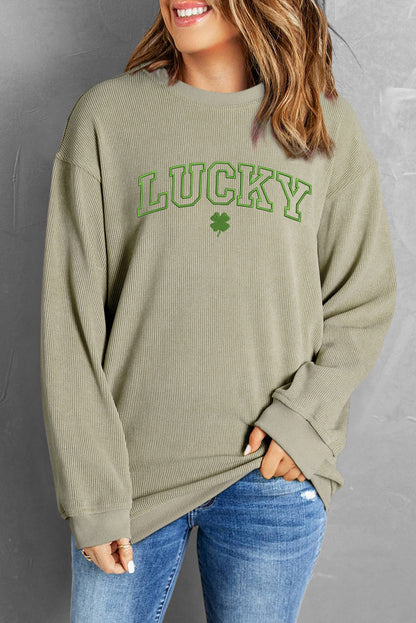 Grünes Sweatshirt mit Rundhalsausschnitt und Stickerei „LUCKY Clover“
