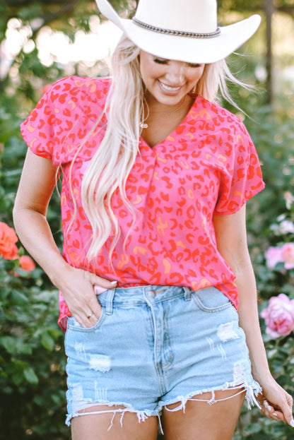 Rosa Bluse mit V-Ausschnitt und Leopardenmuster