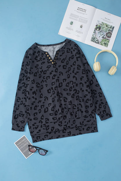 Gray Leopard Print Button Split Neck Waffle Sweatshirt