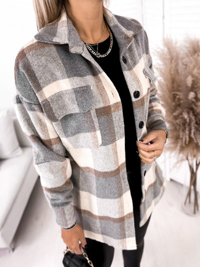 Long-Sleeved Single-Breasted Plaid Print Woolen Jacket