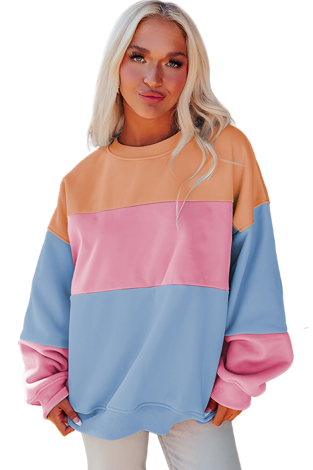 Himmelblaues Sweatshirt mit überschnittener Schulter und Patchwork-Farbblock