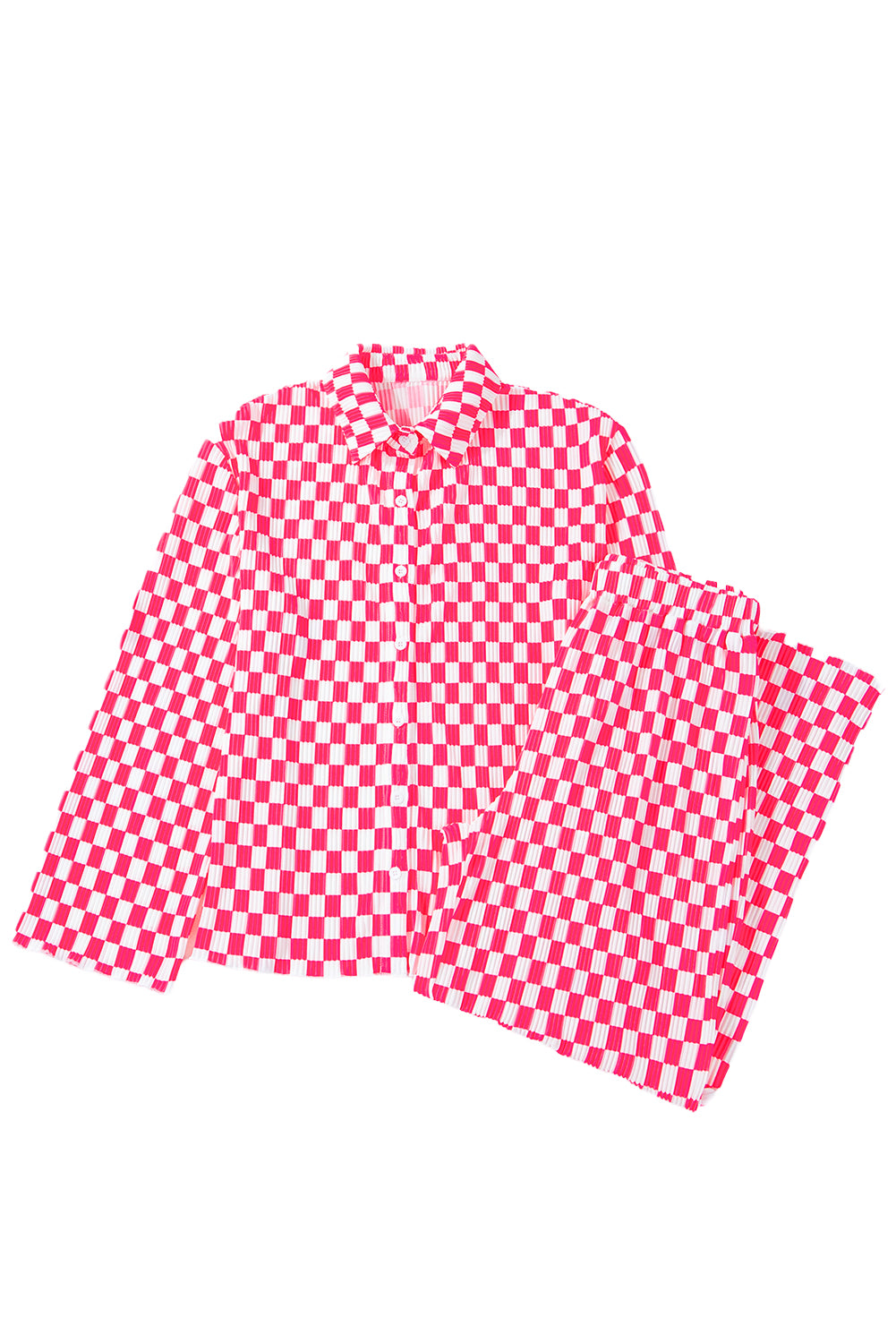 Rosa Pyjama-Set mit kariertem Hemd mit Knöpfen und hoch taillierter Hose