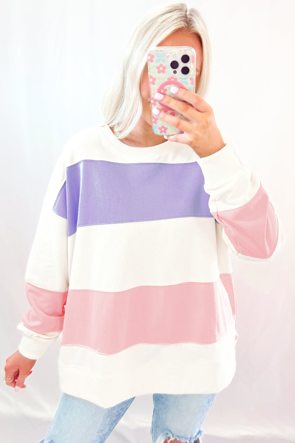 Beiges Sweatshirt mit Rundhalsausschnitt und Patchwork-Farbblockdesign mit überschnittener Schulter